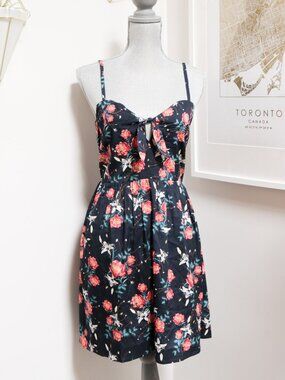 ROXY 🥀 Dark Coquette Navy Floral Print Sundress w/ Sweetheart Keyhole Neckline